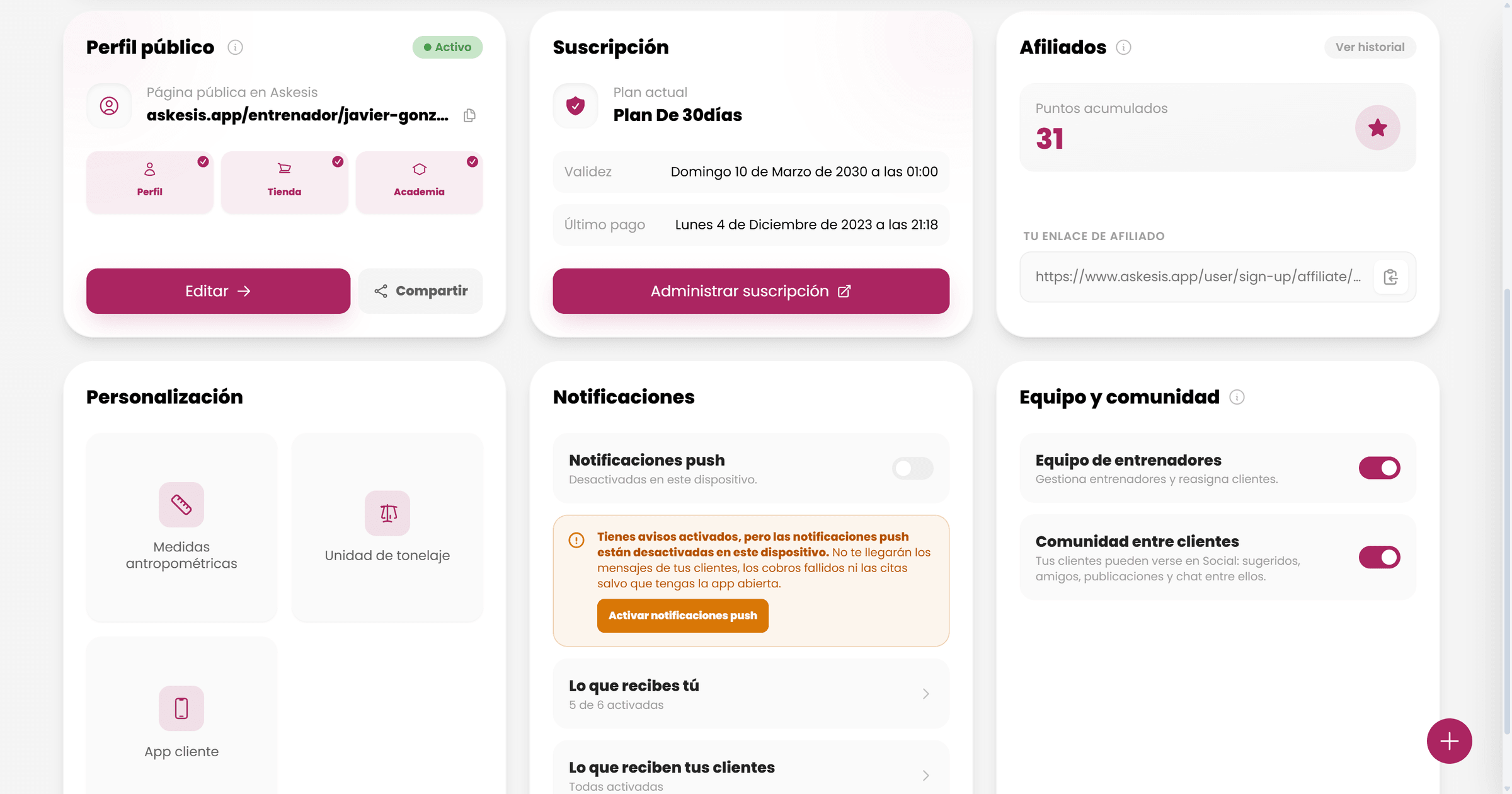 Perfil público, tienda y academia del entrenador en Askesis